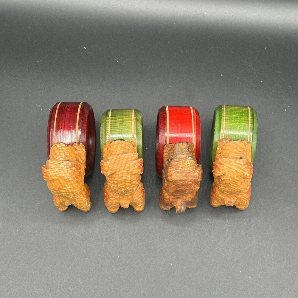 Terrier or Shih Tzu Puppy Dog Napkin Rings Wooden Red & Green Rings Set Of 4